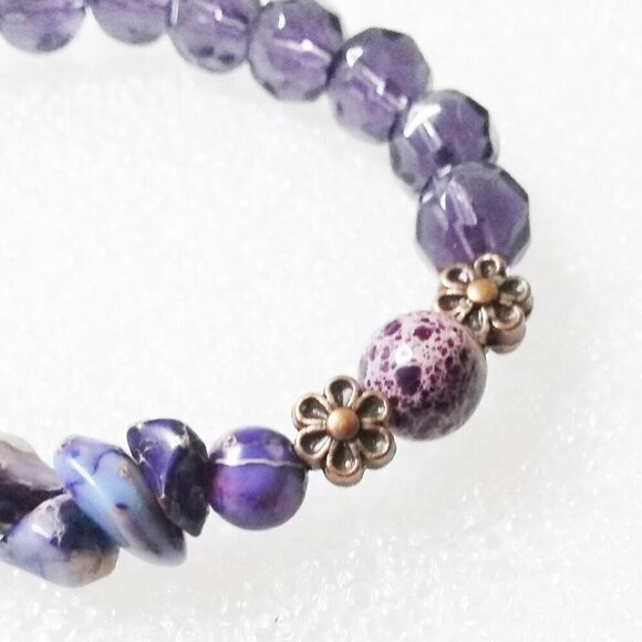 🍂🍁🍃 3/$25!!! Purple Semi-Precious Stone & Glass Beads Bracelet 6-6.5" - Picture 8 of 10